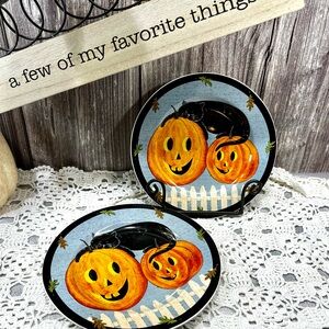 Halloween Warren Kimble Yr. 2000 Pumpkin Dreams Set of 2-Blue Salad Plates 8.25"